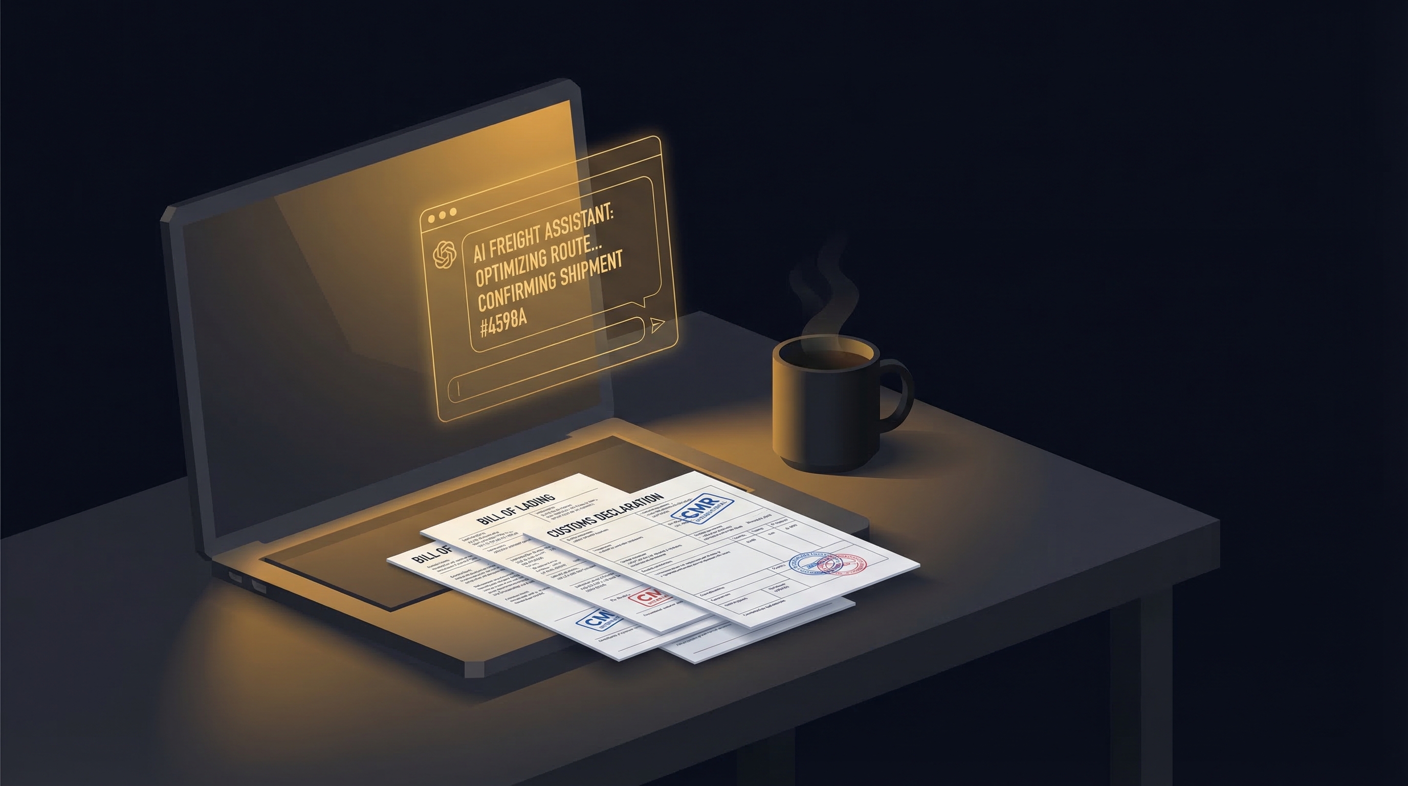 Biurko spedytora z AI - laptop, dokumenty CMR, interfejs asystenta